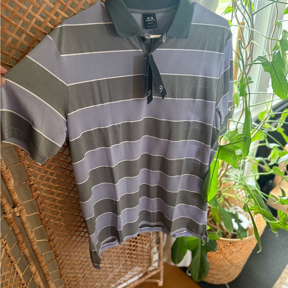 Oakley Men's Polo Shirt - Black and Gray Stripes